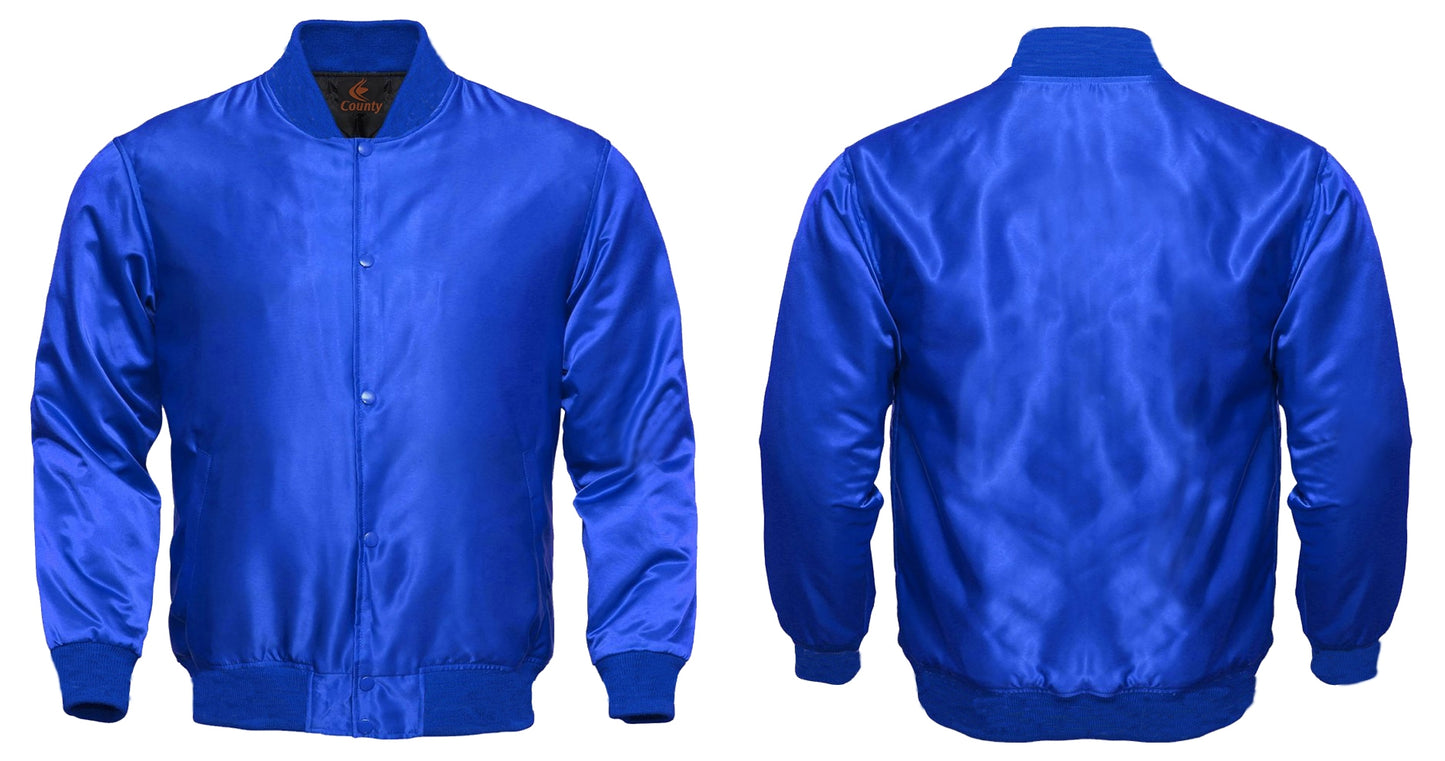  Stay stylish in this blue satin baseball letterman college varsity bomber jacket.
