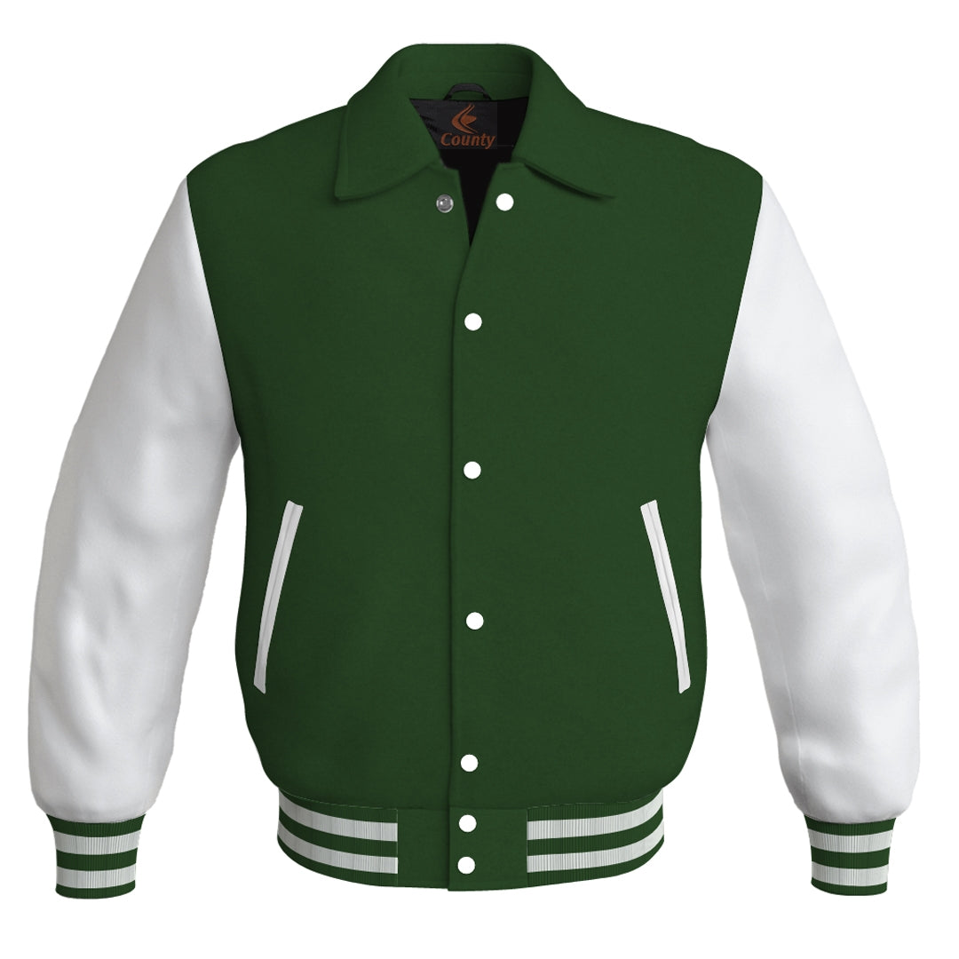 Letterman Varsity Classic Jacket Forest Green Body and White Leather Sleeves