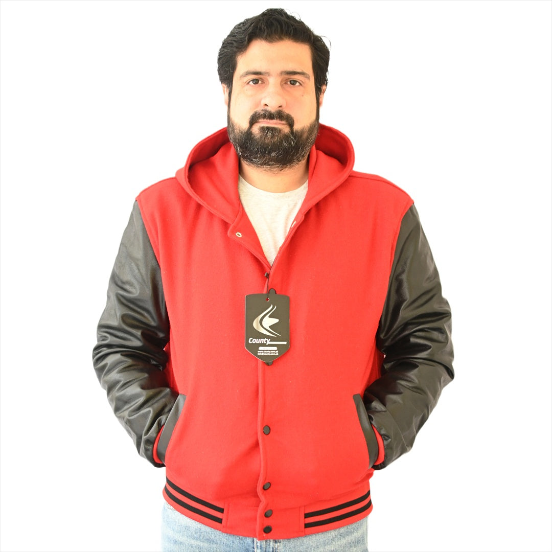 Bomber Varsity Letterman Baseball Hoodie Jacket Red Body Black Leather Sleeves