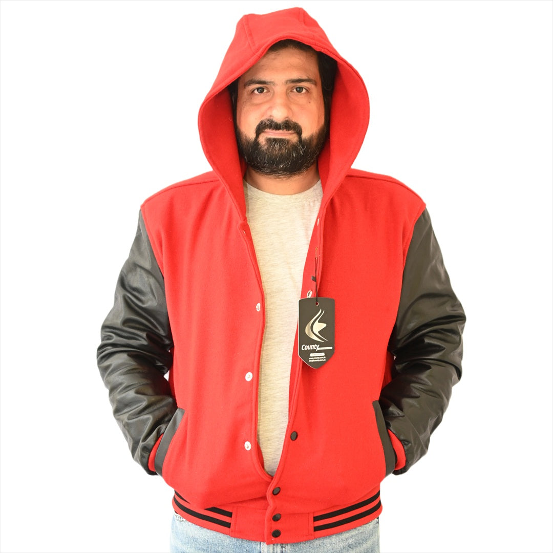 Bomber Varsity Letterman Baseball Hoodie Jacket Red Body Black Leather Sleeves