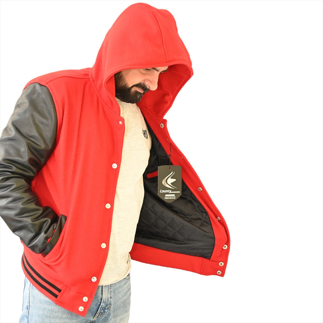 Bomber Varsity Letterman Baseball Hoodie Jacket Red Body Black Leather Sleeves