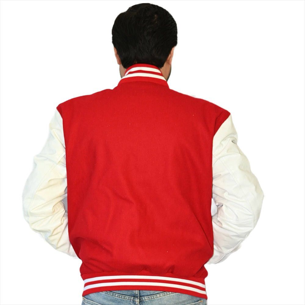 Custom Varsity Jackets Red Body and White Leather Sleeves Varsity Jacket