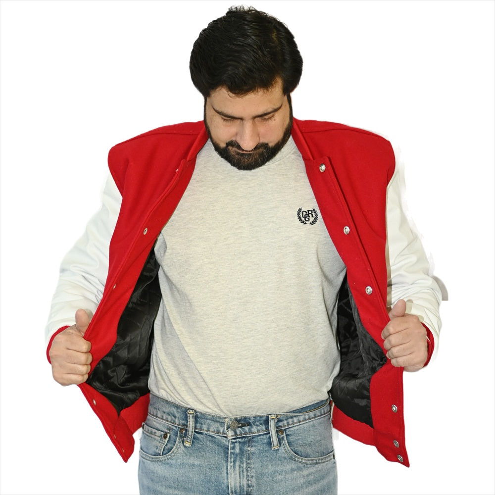 Custom Varsity Jackets Red Body and White Leather Sleeves Varsity Jacket