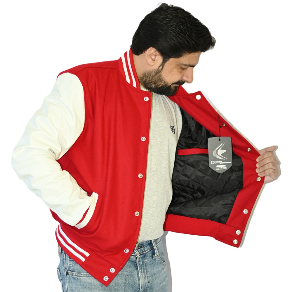 Custom Varsity Jackets Red Body and White Leather Sleeves Varsity Jacket