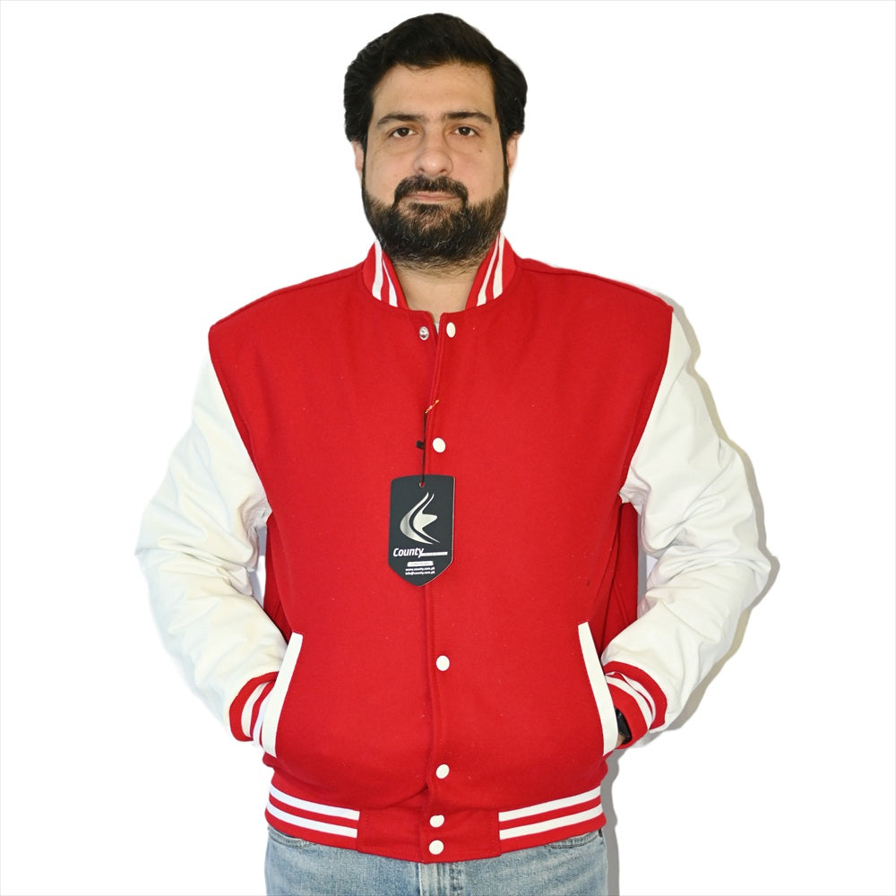 Custom Varsity Jackets Red Body and White Leather Sleeves Varsity Jacket