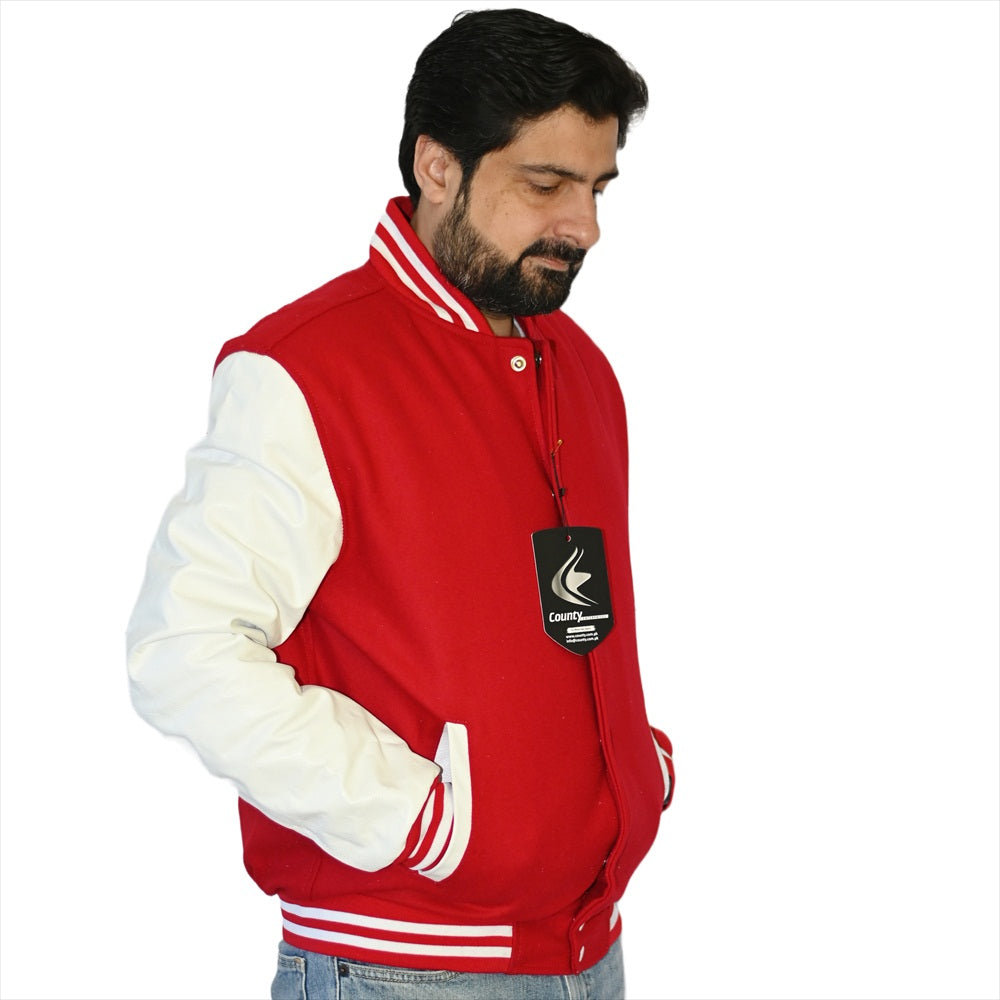 Custom Varsity Jackets Red Body and White Leather Sleeves Varsity Jacket