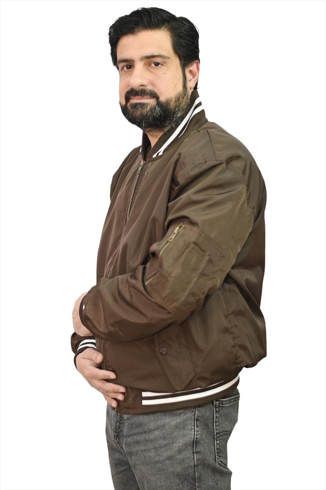 Baseball Letterman College Varsity Bomber Jacket: Brown nylon sports wear for college athletes.