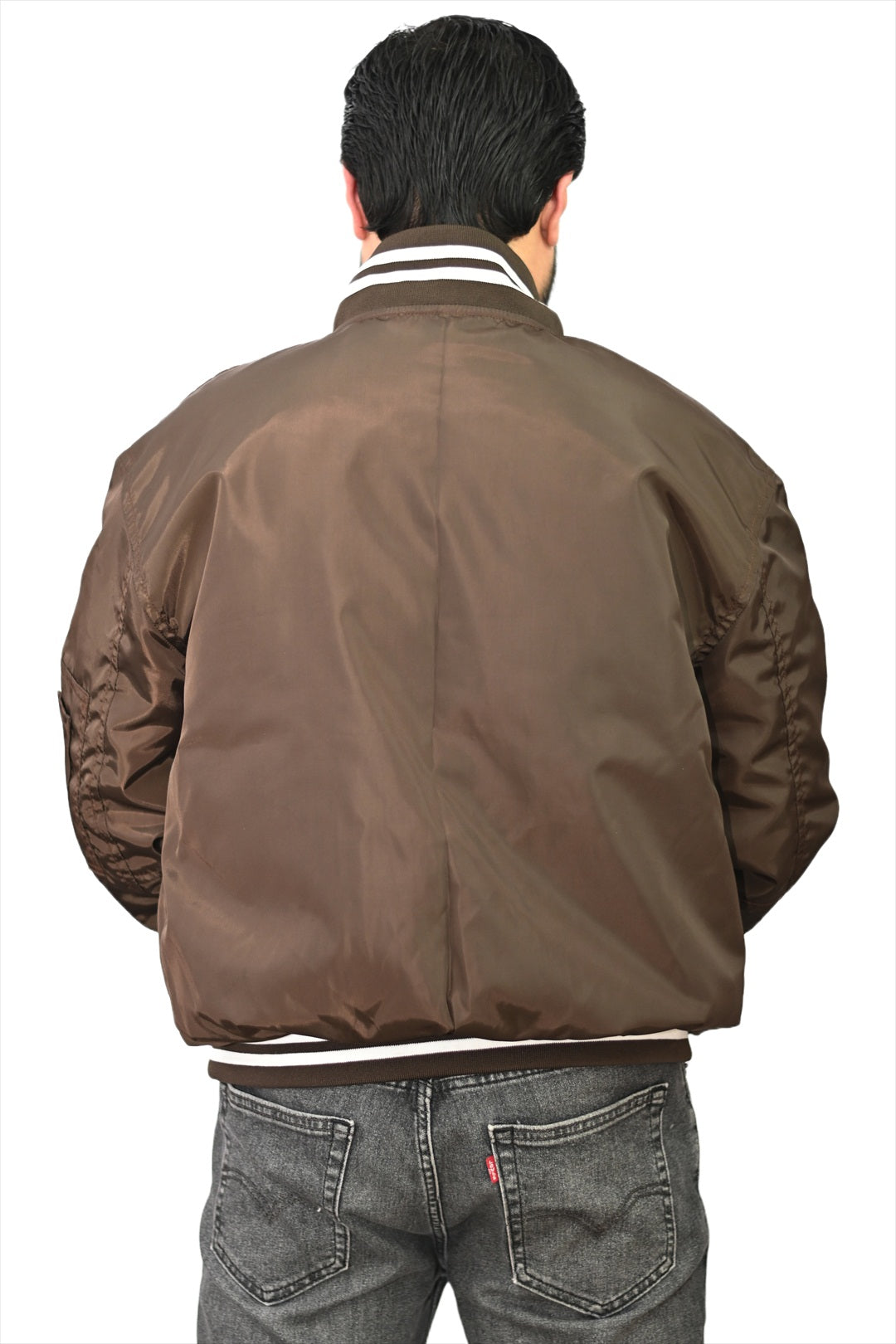 Baseball Letterman College Varsity Bomber Jacket: Brown nylon sports wear for college athletes.