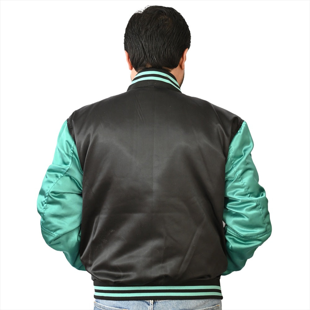 Ladies Varsity Jacket Black Turquoise Satin Jacket Letterman Jacket