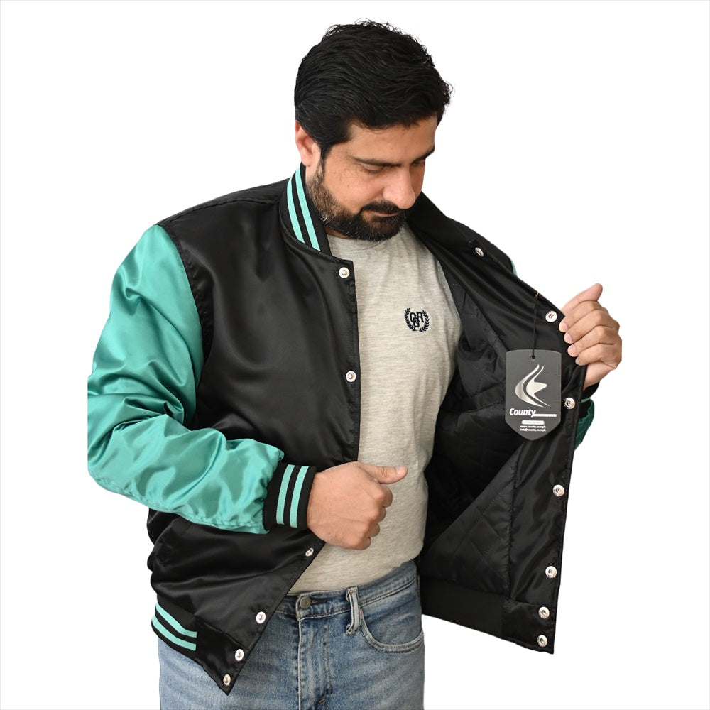 Ladies Varsity Jacket Black Turquoise Satin Jacket Letterman Jacket