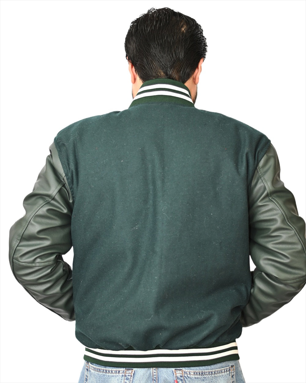 Varsity Jacket Mens Green Body and Green Leather Sleeves Varsity Jacket