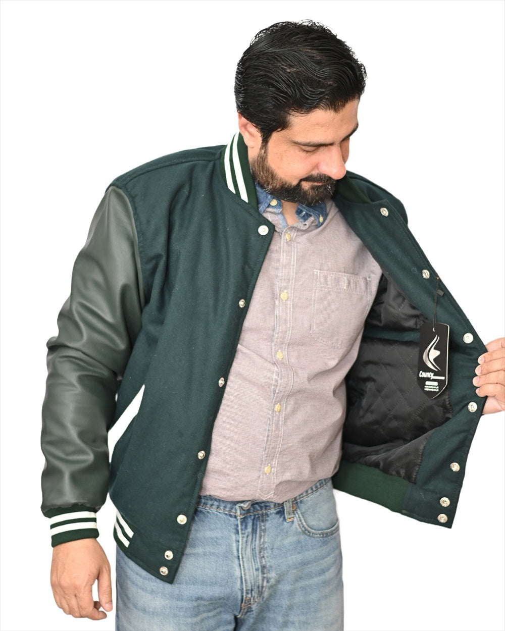 Varsity Jacket Mens Green Body and Green Leather Sleeves Varsity Jacket