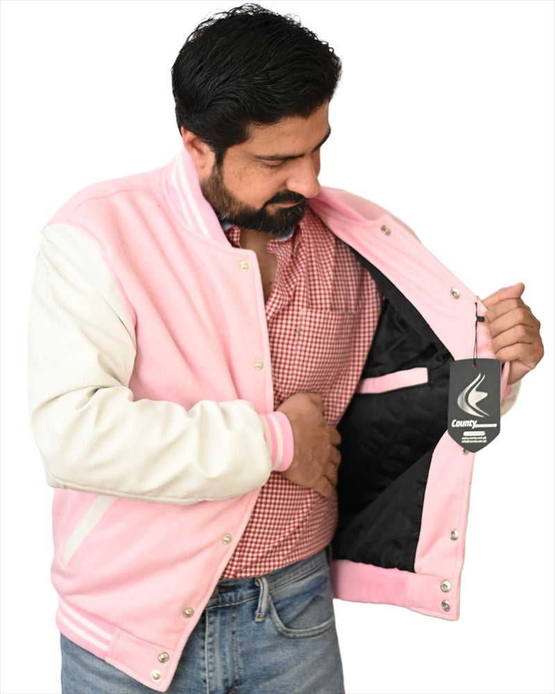 Varsity Jacket Women Pink Body and White Leather Sleeves Varsity Jacket