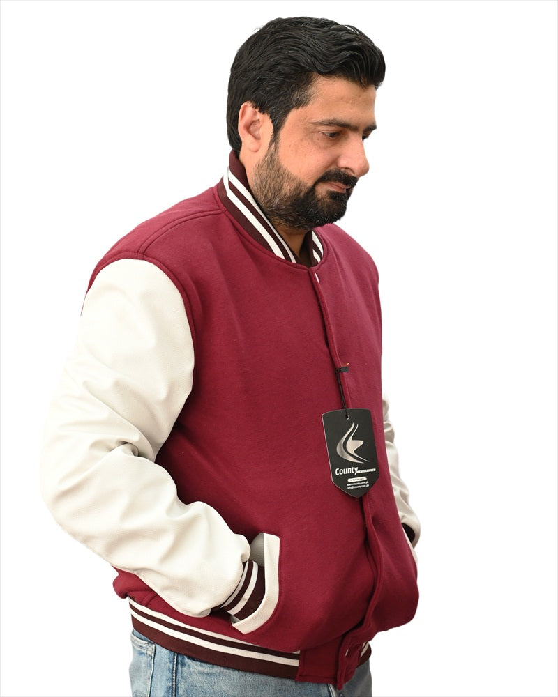 Letterman Jacket Maroon Body and White Leather Sleeves Varsity Jacket