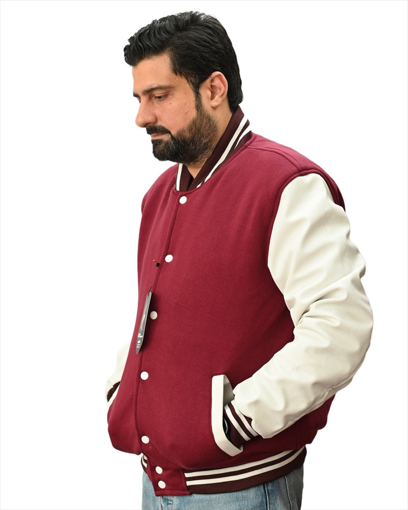 Letterman Jacket Maroon Body and White Leather Sleeves Varsity Jacket