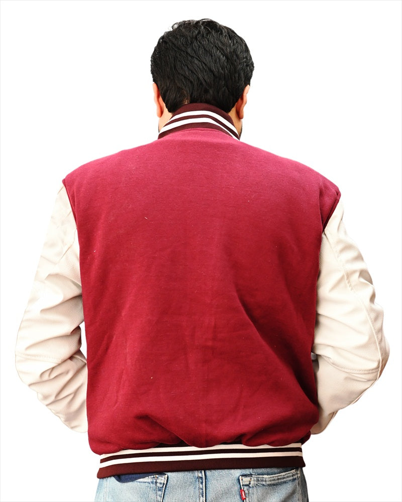 Letterman Jacket Maroon Body and White Leather Sleeves Varsity Jacket