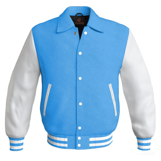 Letterman Varsity Classic Jacket Sky Blue Body and White Leather Sleeves