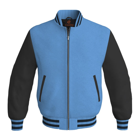 Personalized Varsity Jacket Sky Blue Body and Black Leather Sleeves Bomber Jacket