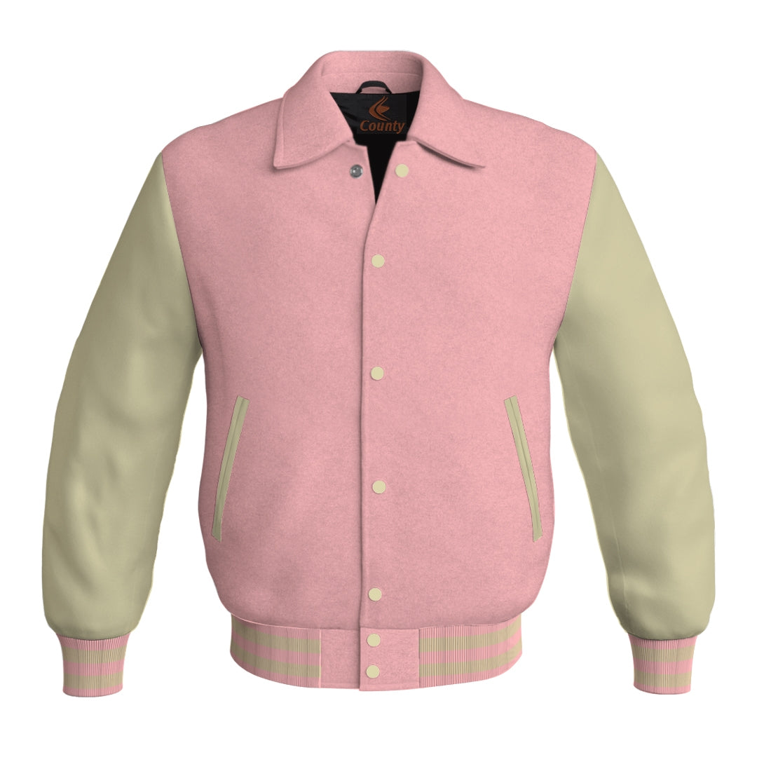 Letterman Varsity Classic Jacket Pink Body and Cream Leather Sleeves