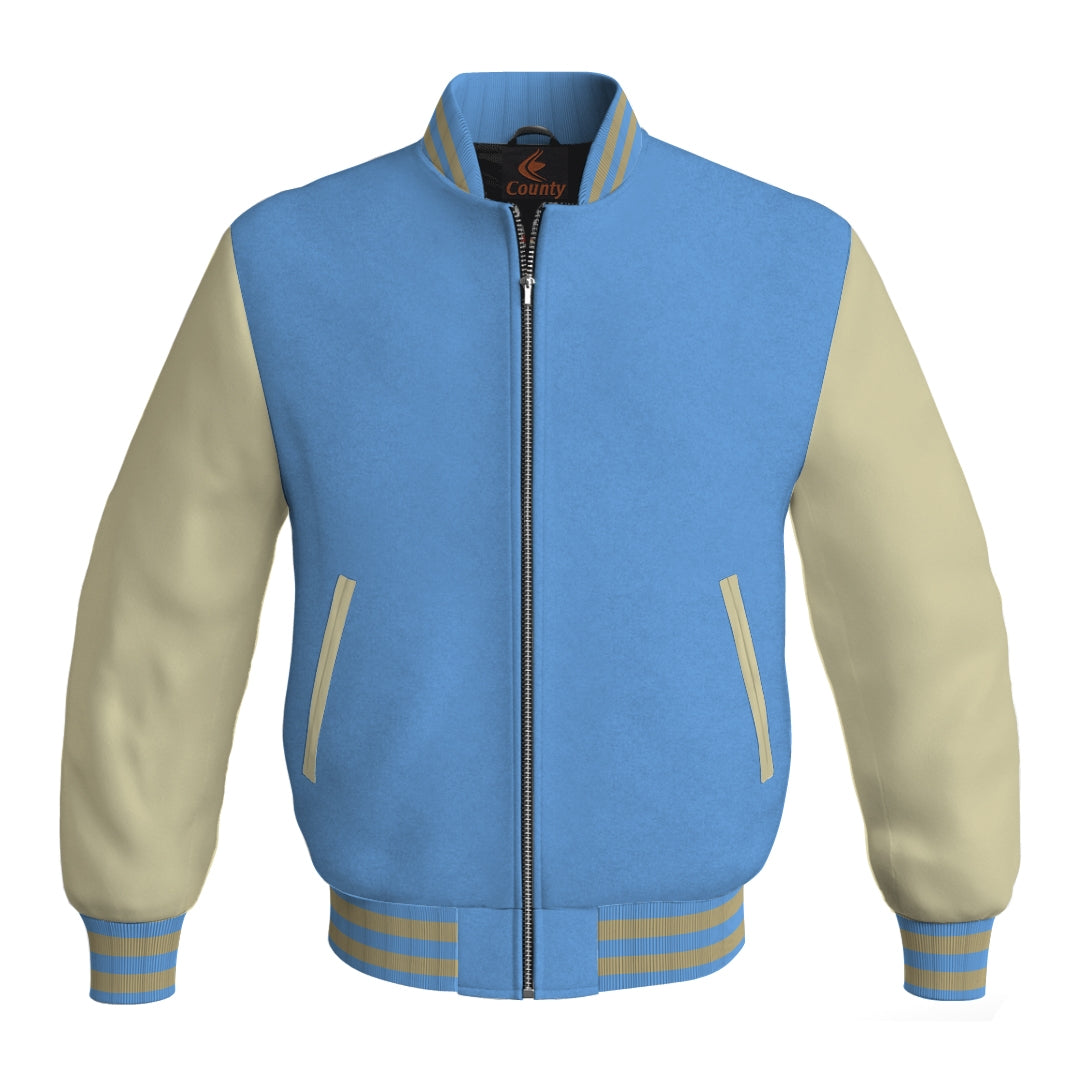 Varsity Jacket Women Sky Blue Body and Cream Leather Sleeves Bomber Jacket