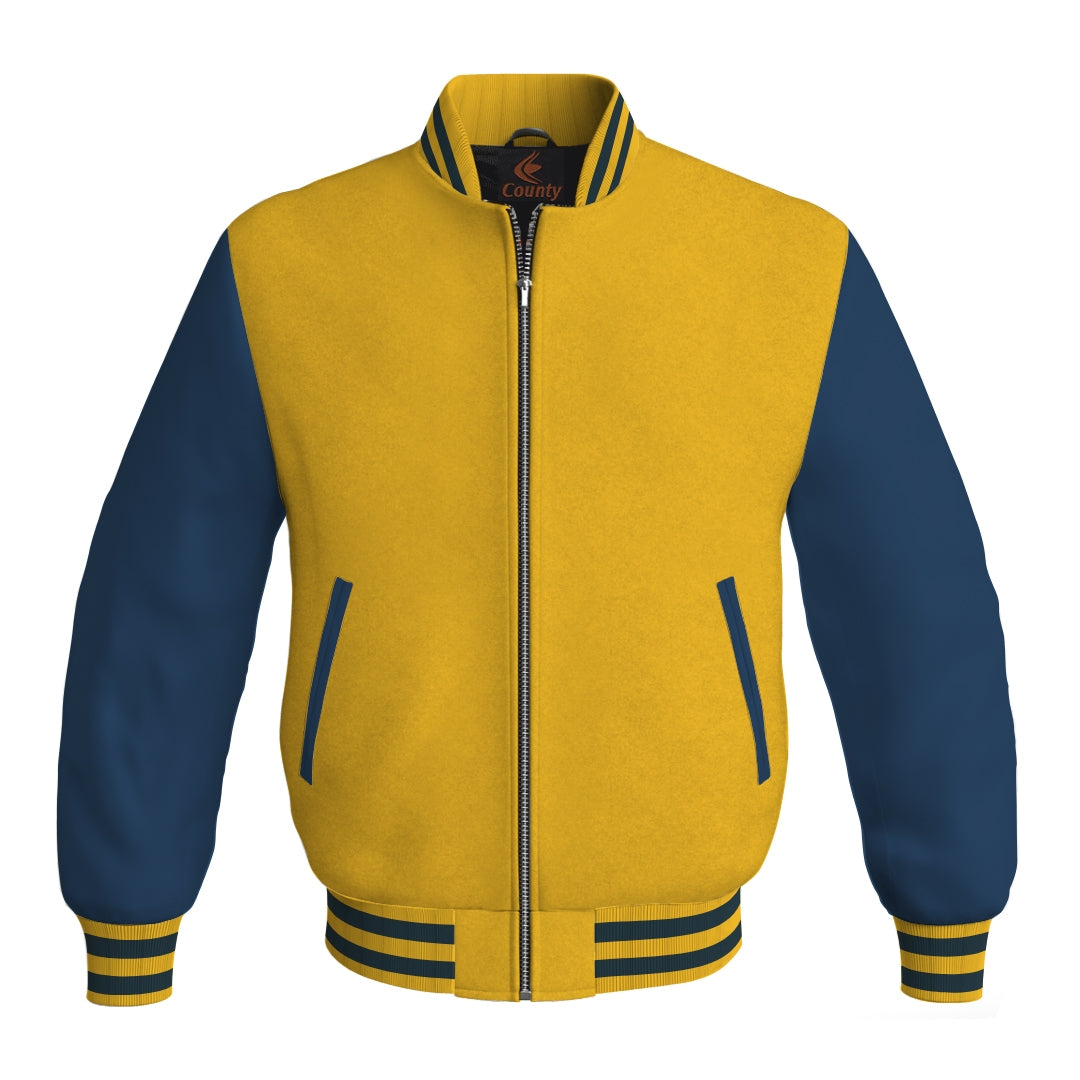 Varsity Jacket Yellow/Gold Body and Navy Blue Leather Sleeves Bomber Jacket