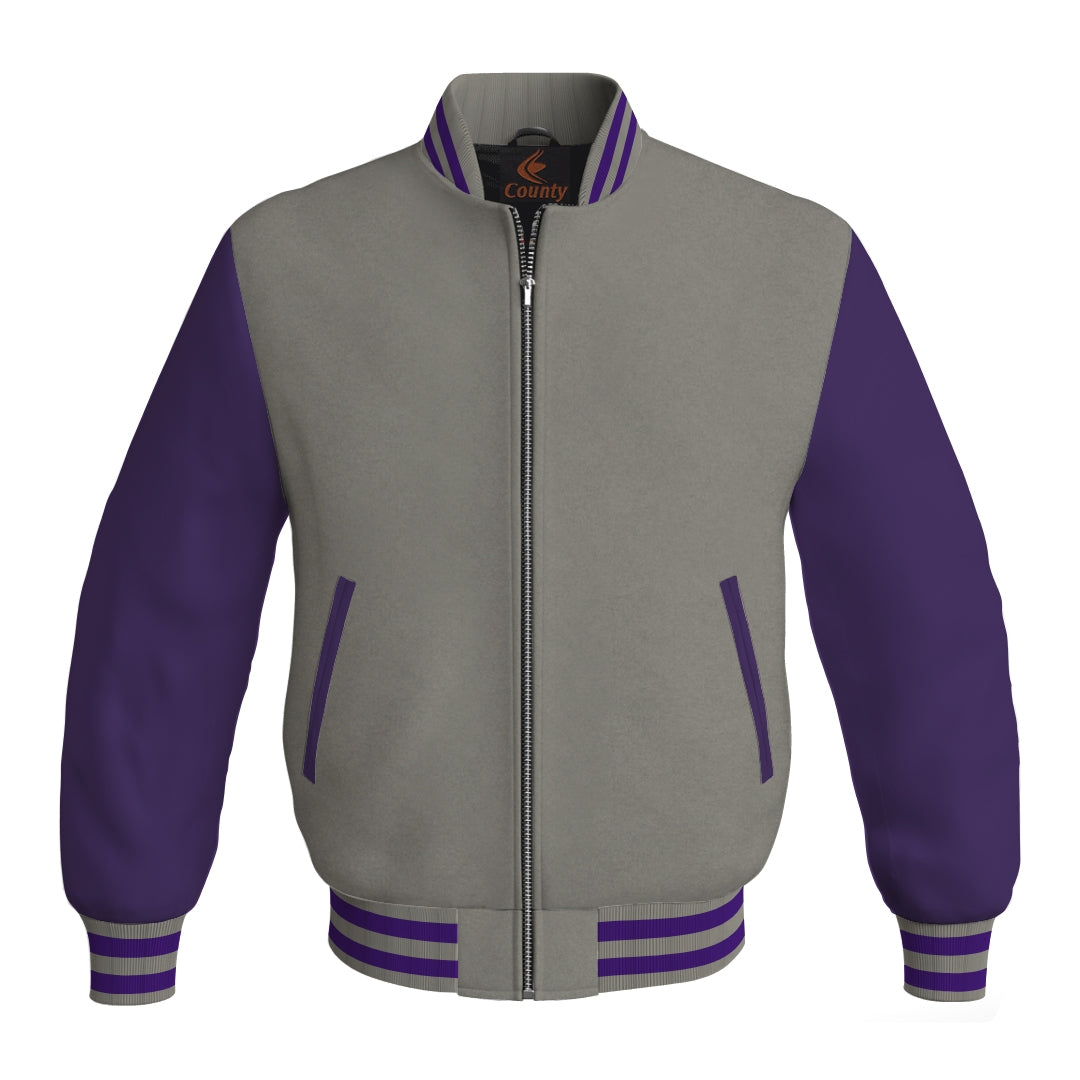 Team Varsity Jackets Gray Body and Purple Leather Sleeves Bomber Jacket