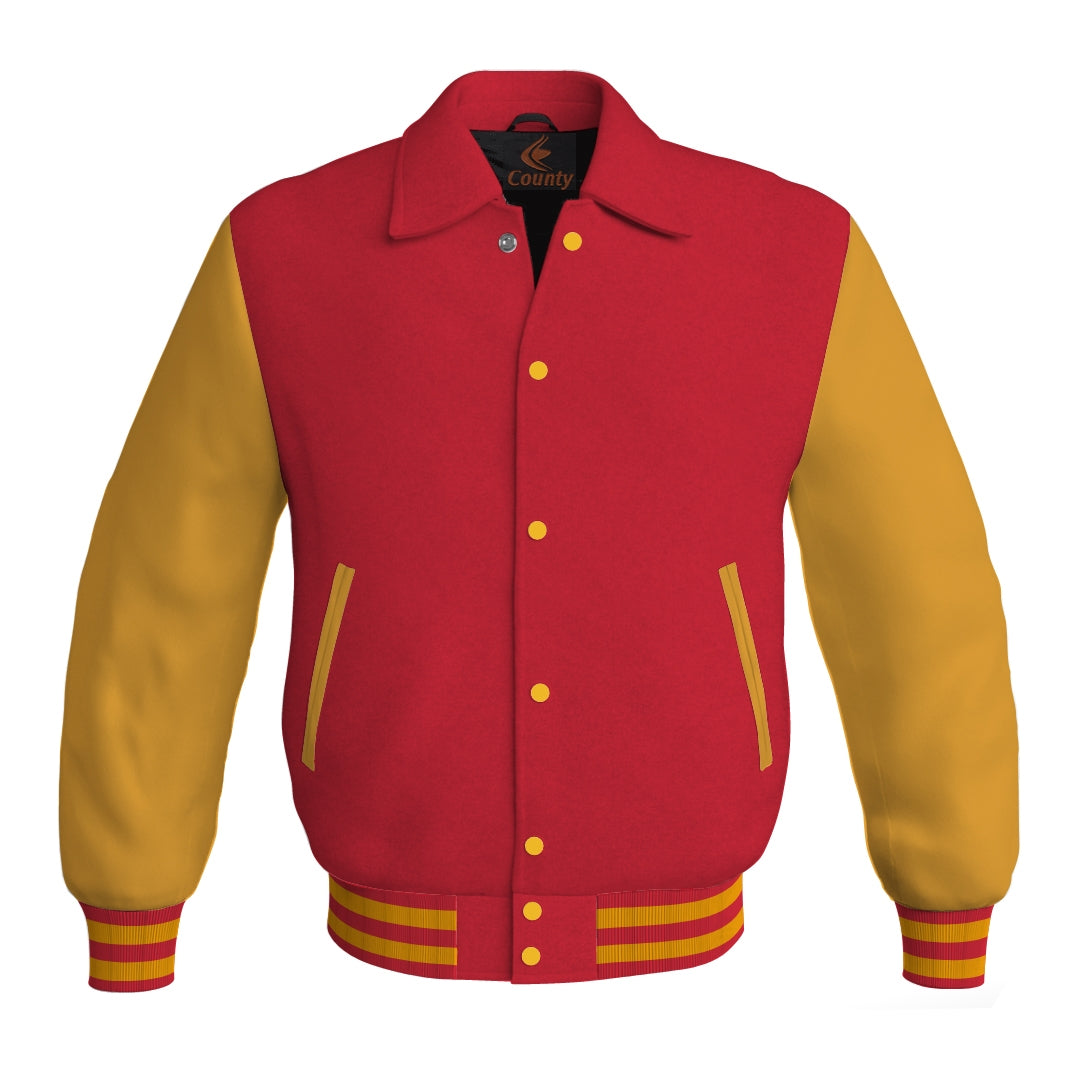 Letterman Varsity Classic Jacket Red Body and Gold Leather Sleeves