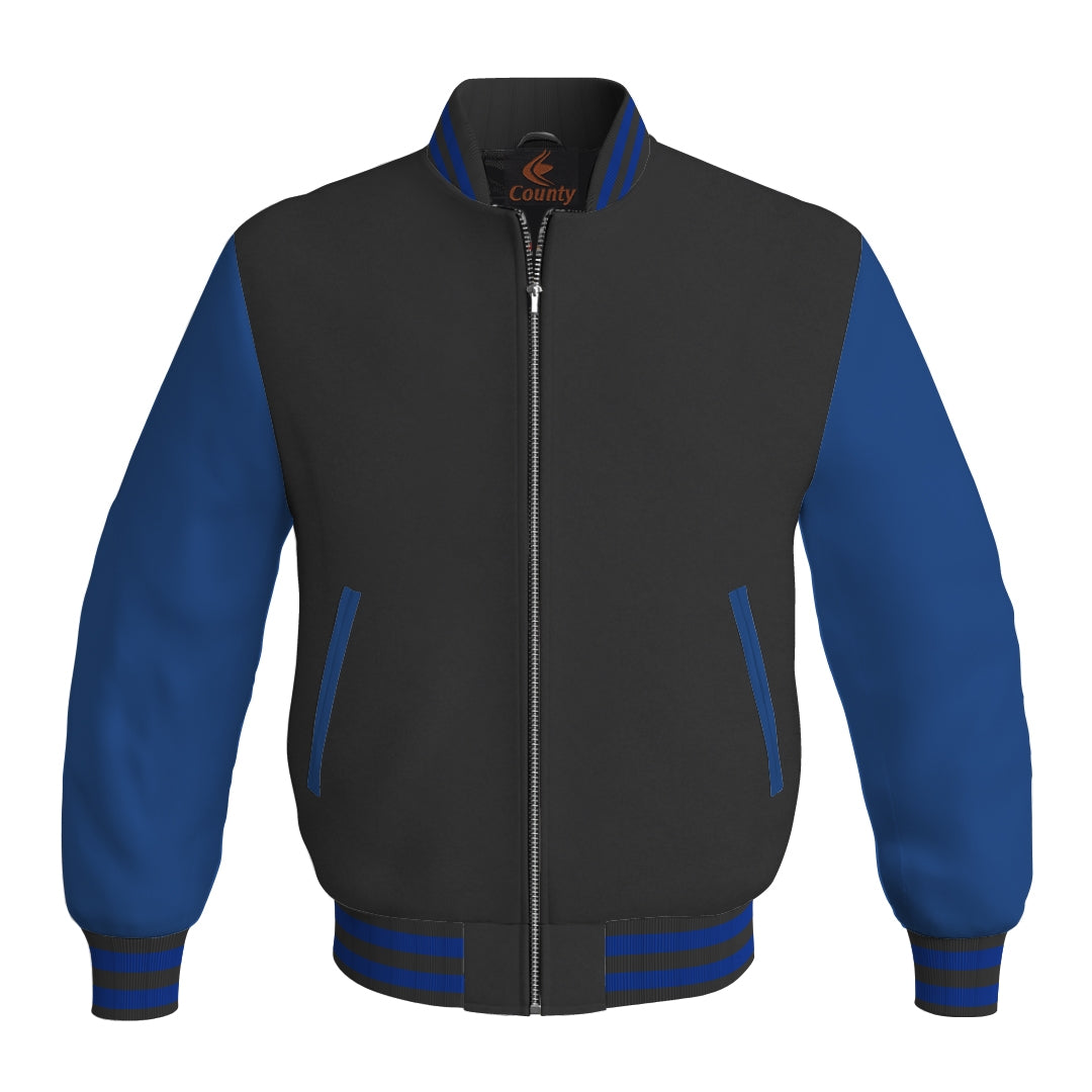 Letterman Jacket Black Body and Blue Leather Sleeves Bomber Jacket Varsity Jacket