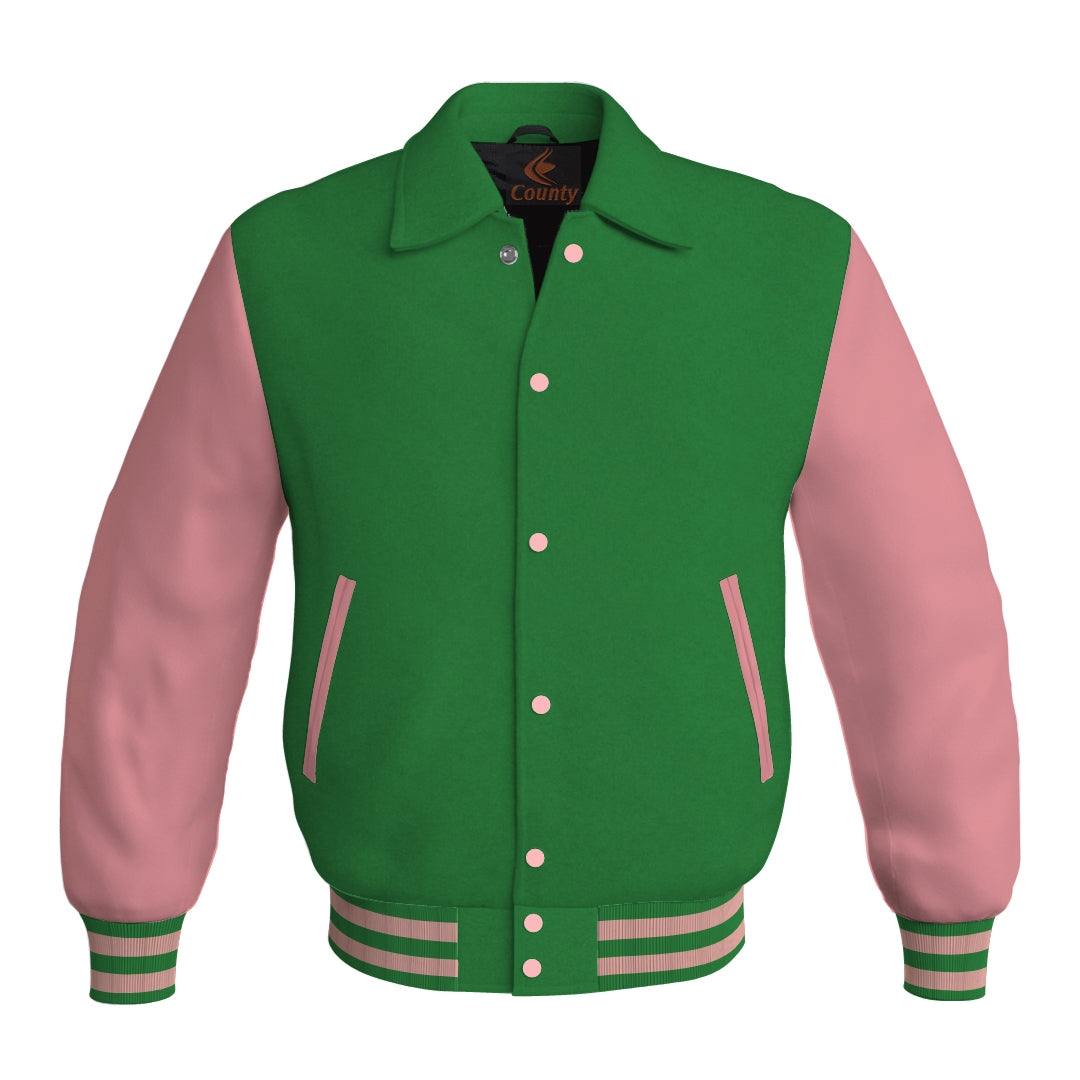 Letterman Varsity Classic Jacket Green Body and Pink Leather Sleeves