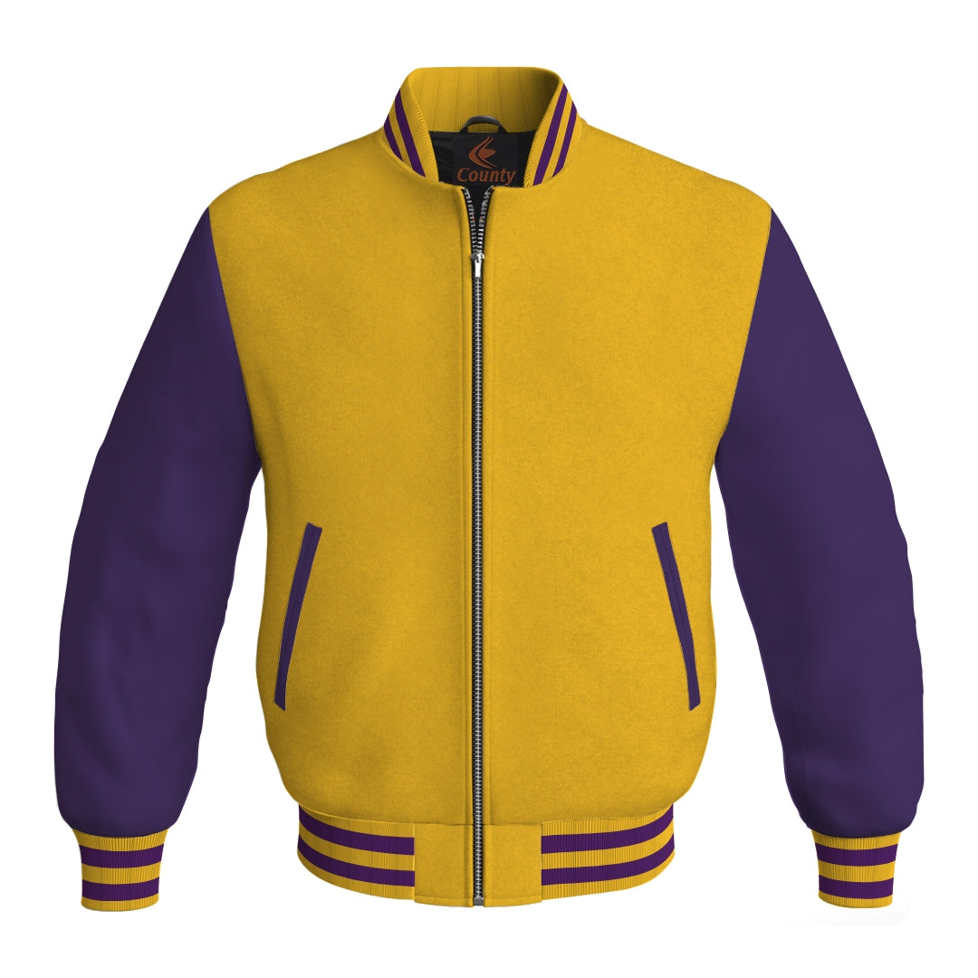 Varsity Jacket Yellow/Gold Body and Purple Leather Sleeves Bomber Jacket