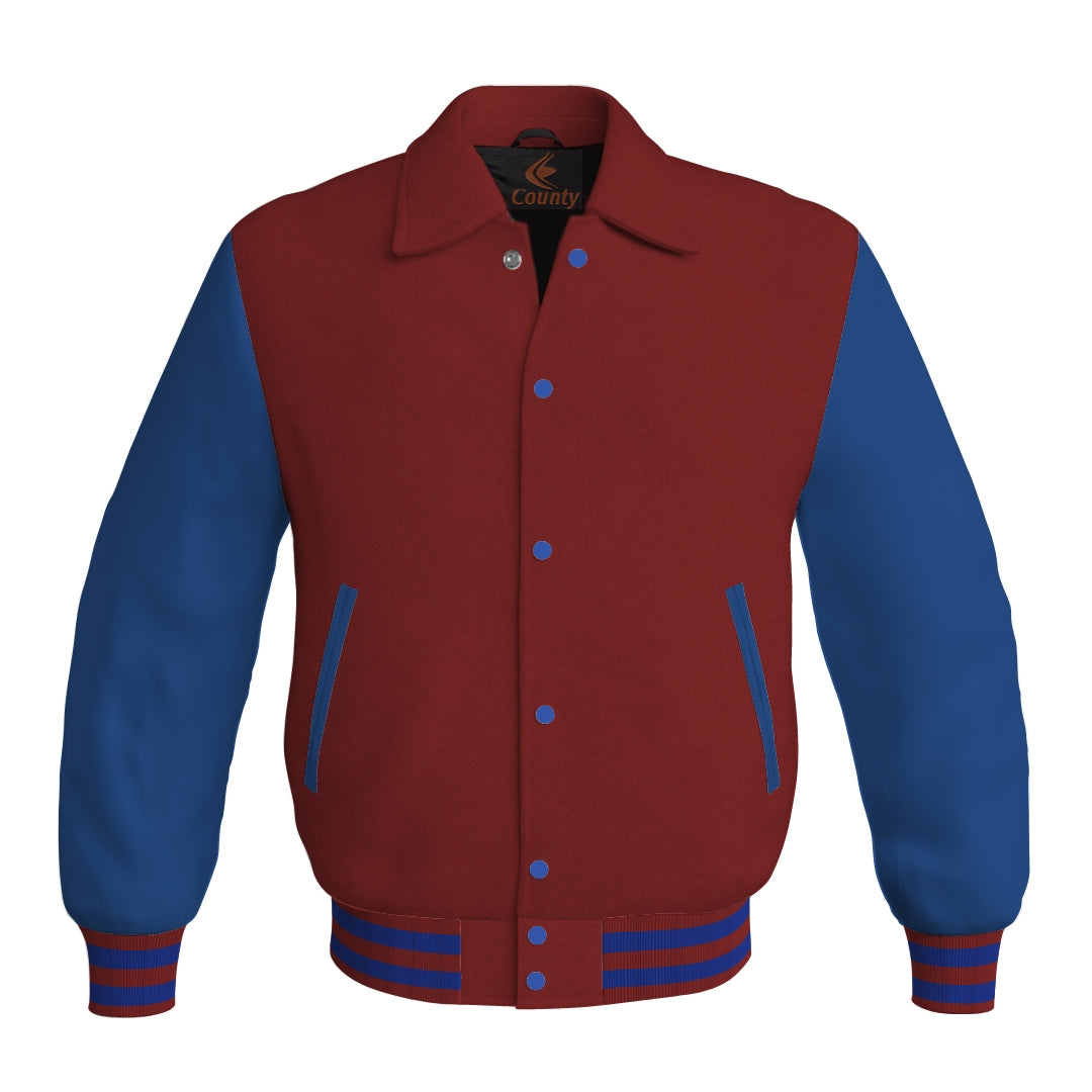 Letterman Varsity Classic Jacket Maroon Body and Blue Leather Sleeves