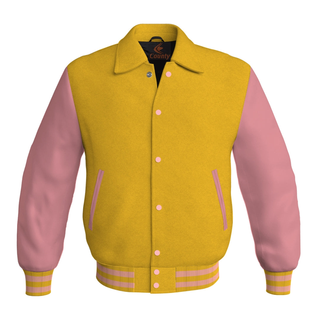 Letterman Varsity Classic Jacket Yellow/Gold Body and Pink Leather Sleeves