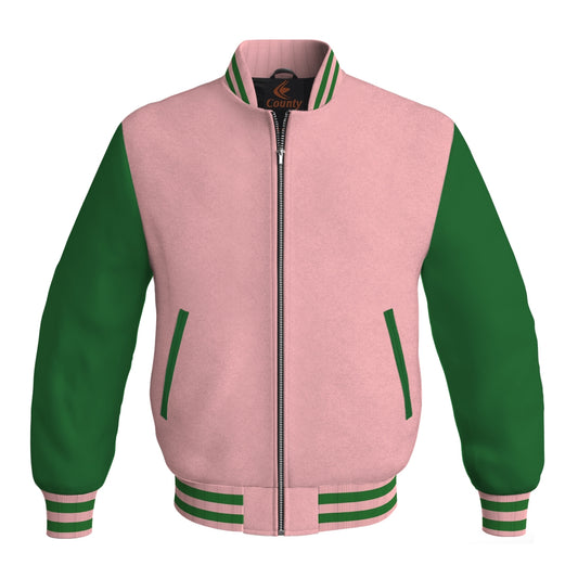 Personalized Varsity Jacket Pink Body and Green Leather Sleeves Bomber Jacket