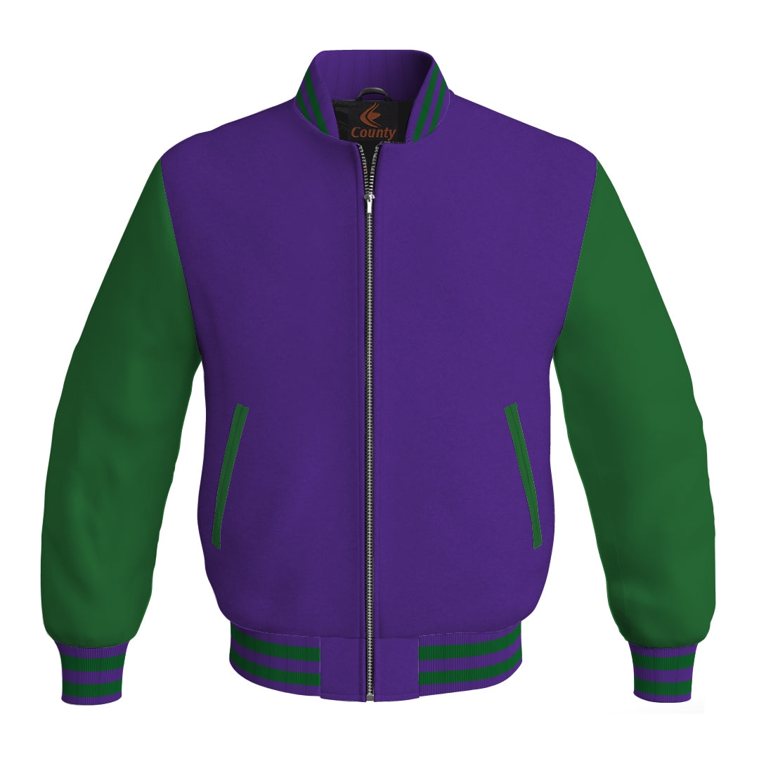 Personalized Varsity Jacket Purple Body and Green Leather Sleeves Bomber Jacket