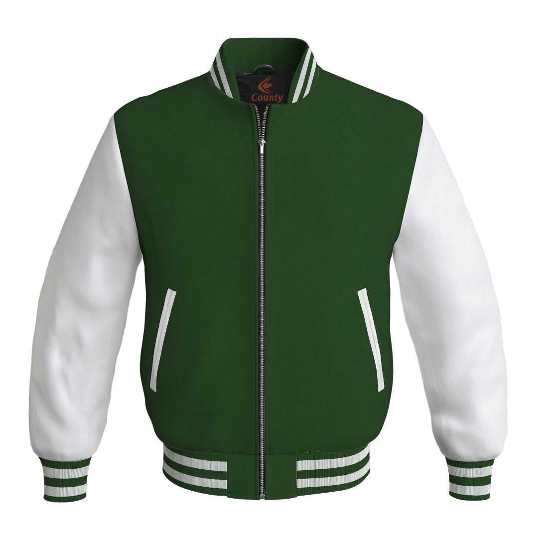 Team Varsity Jackets Forest Green Body and White Leather Sleeves Bomber Jacket