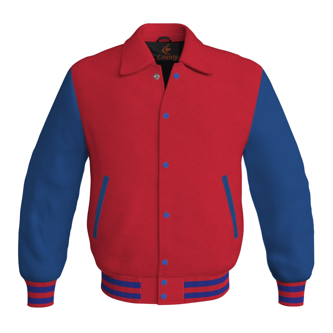 Letterman Varsity Classic Jacket Red Body and Blue Leather Sleeves