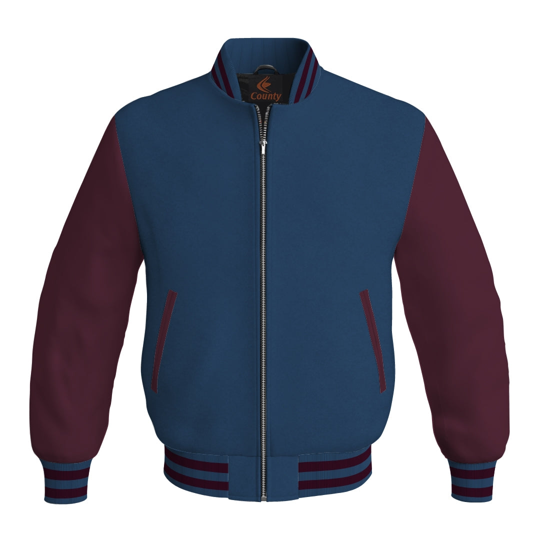 Varsity Jacket Mens Navy Blue Body and Maroon Leather Sleeves Bomber Jacket