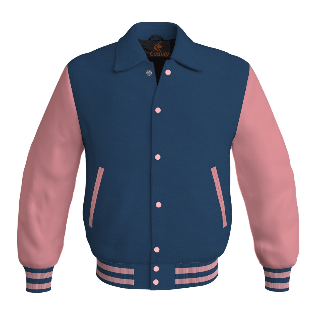 Letterman Varsity Classic Jacket Navy Blue Body and Pink Leather Sleeves