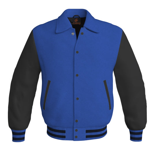 Letterman Varsity Classic Jacket Royal Blue Body and Black Leather Sleeves