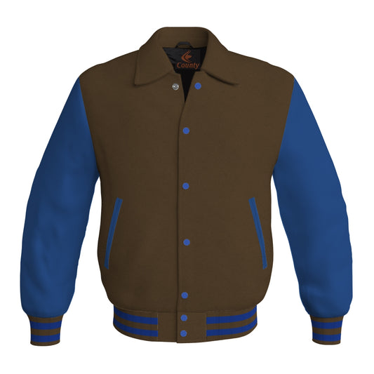 Letterman Varsity Classic Jacket Brown Body and Blue Leather Sleeves