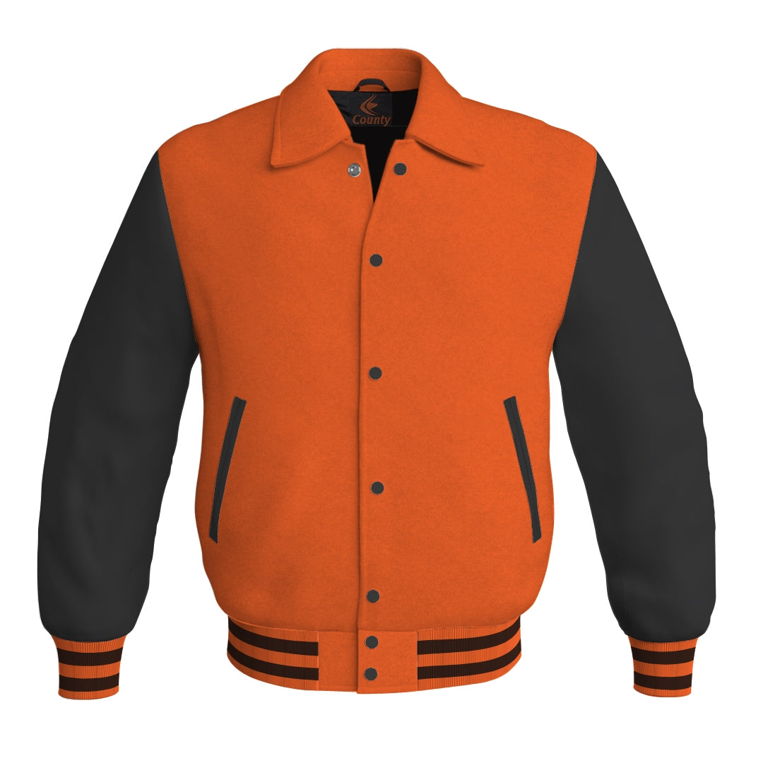 Letterman Varsity Classic Jacket Orange Body and Black Leather Sleeves