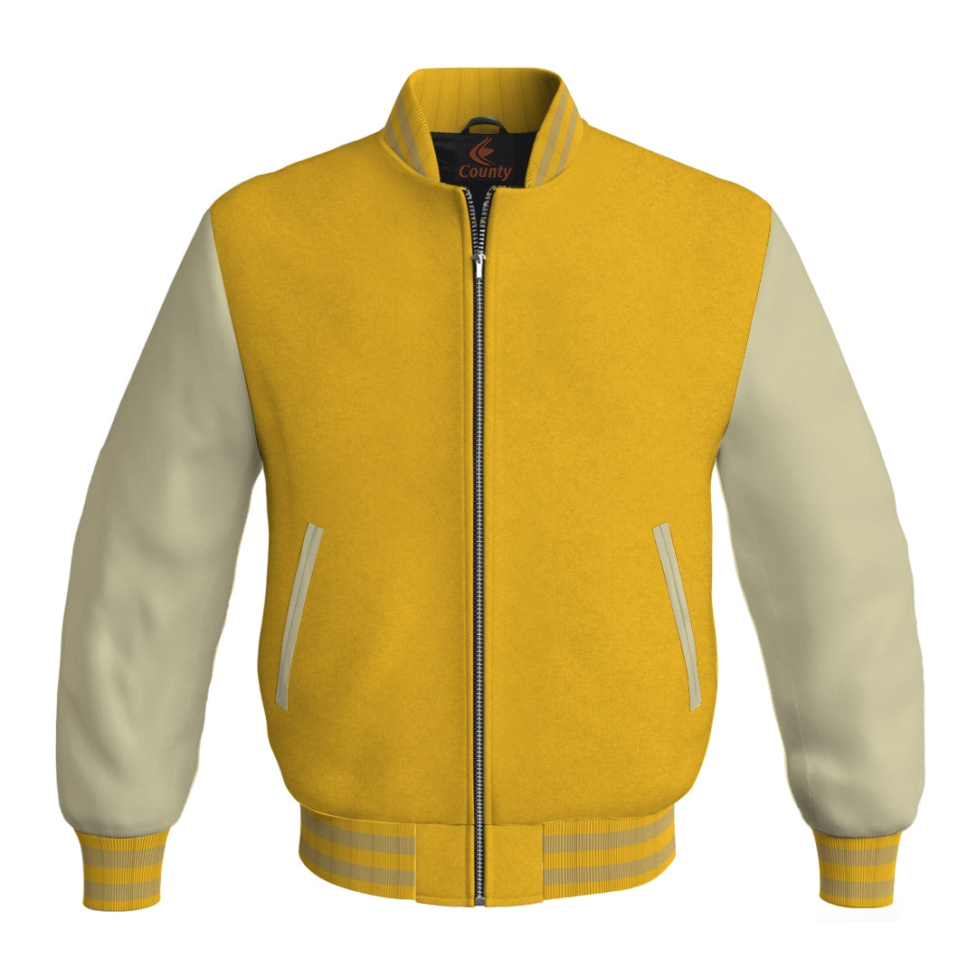 Varsity Jacket Yellow/Gold Body and Cream Leather Sleeves Bomber Jacket