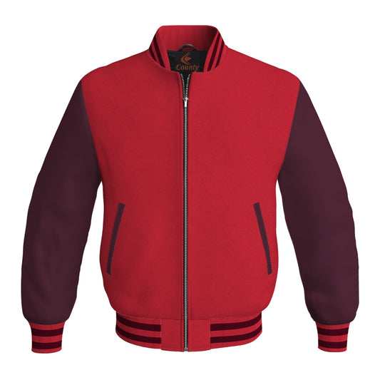 Varsity Jacket Red Body and Maroon Leather Sleeves Bomber Jacket