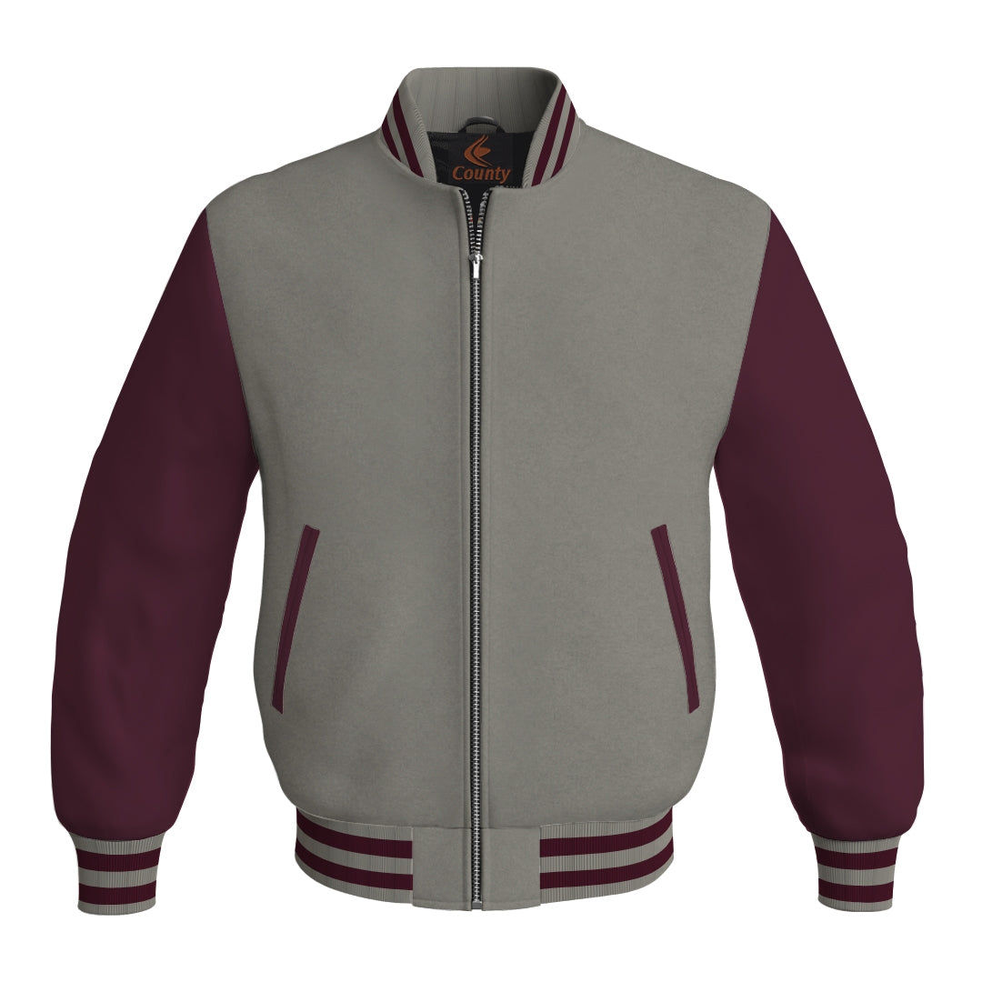 Team Varsity Jackets Gray Body and Maroon Leather Sleeves Bomber Jacket