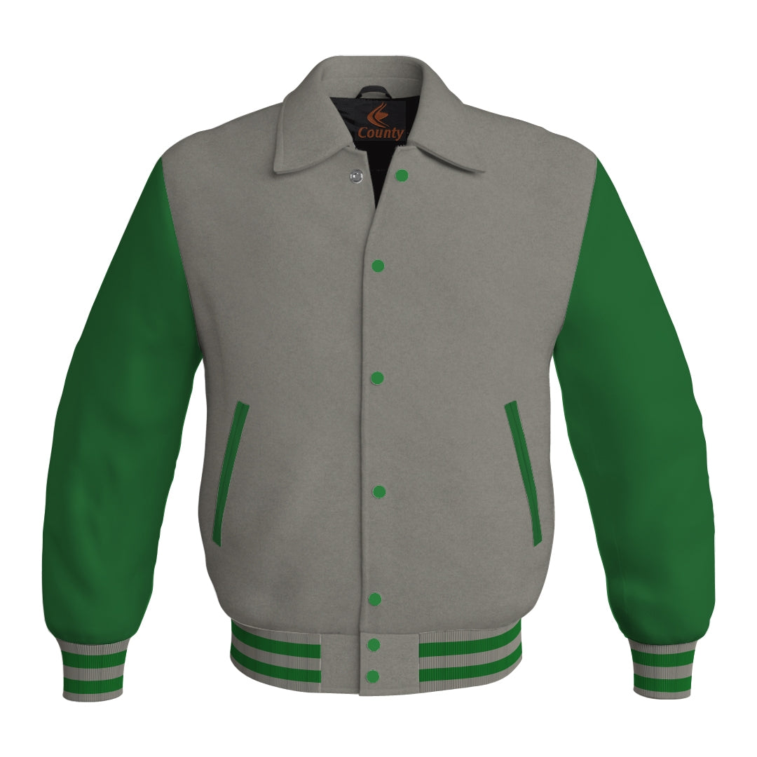 Letterman Varsity Classic Jacket Gray Body and Green Leather Sleeves