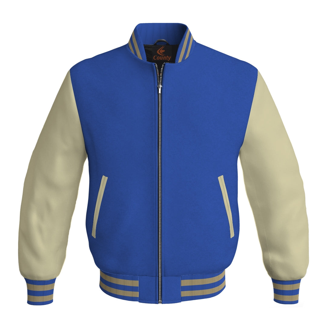 Letterman Jacket Blue Body and Cream Leather Sleeves Bomber Jacket