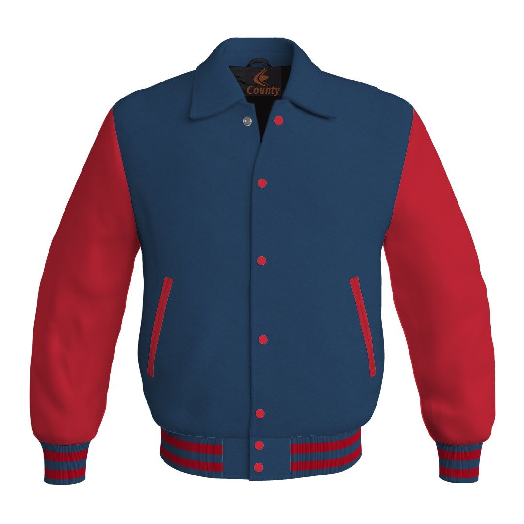 Letterman Varsity Classic Jacket Navy Blue Body and Red Leather Sleeves