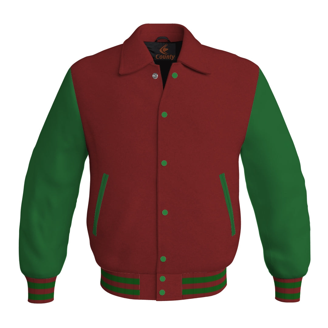 Letterman Varsity Classic Jacket Maroon Body and Green Leather Sleeves