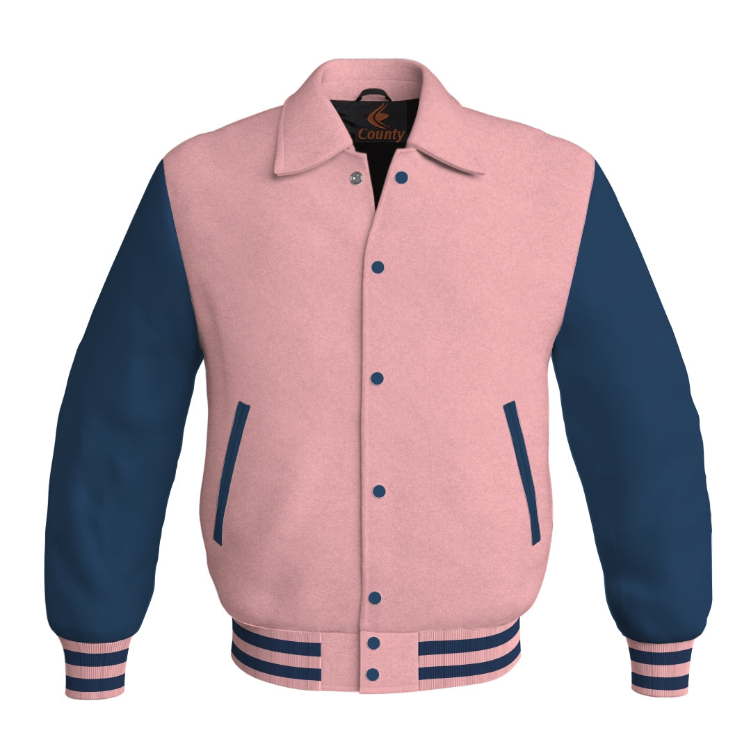 Letterman Varsity Classic Jacket Pink Body and Navy Blue Leather Sleeves