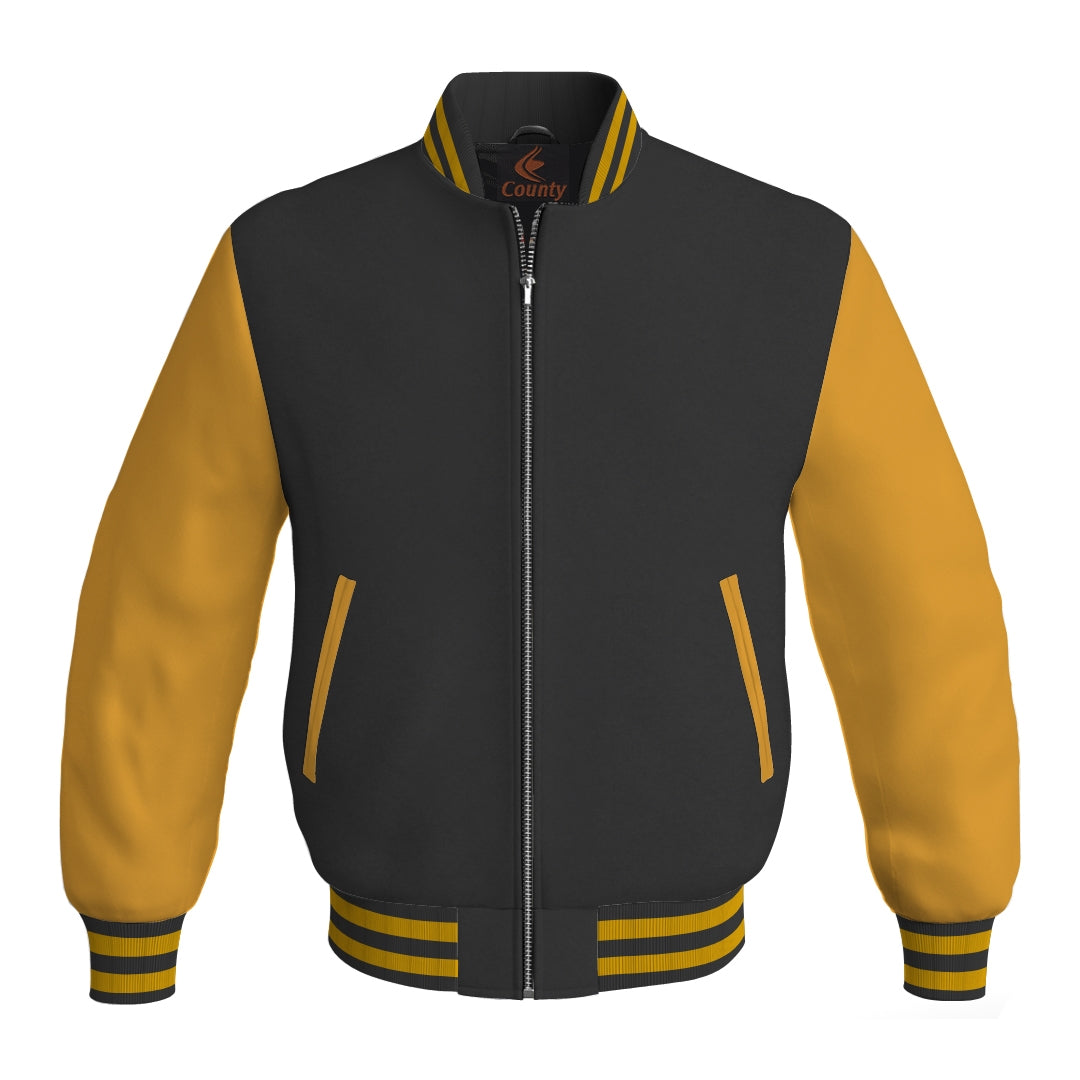 Varsity Jacket Black Body and Gold Leather Sleeves Bomber Jacket